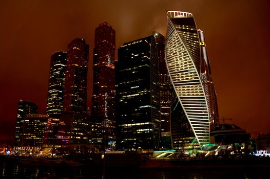 Night look on the Moscow city from the Moskva River