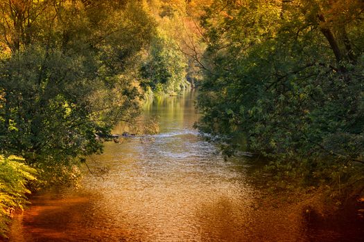 Beautiful view on the calm river Wupper, Germany, NRW.