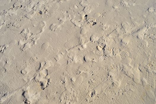 Mark of feet in the white sand of a beach near Mombasa in Kenya