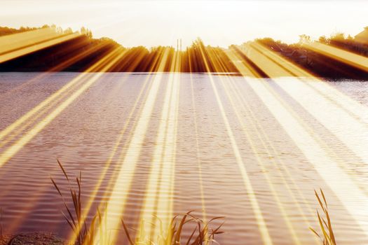 Magic pond. Composition of a pond and rays. Natural background