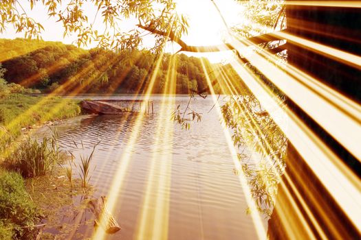 Magic pond. Composition of a pond and rays. Natural background