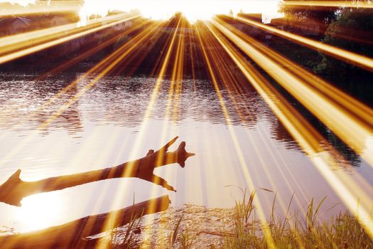 Magic pond. Composition of a pond and rays. Natural background