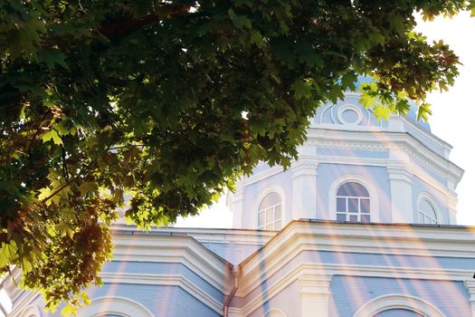 The magic church. Composition of the church and the rays. Architecture