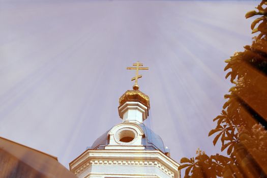 The magic church. Composition of the church and the rays. Architecture