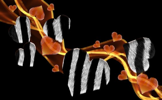 zebra furry gem hearts leading fire smoke wave isolated on dark background. Geometric rumpled triangular low poly style graphic 3d render illustration. Raster polygonal design for your business.