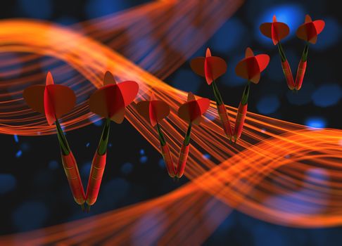 group of red darts flying in the space via background with bokeh lights and wavy smoke shapes. 3d illustration.