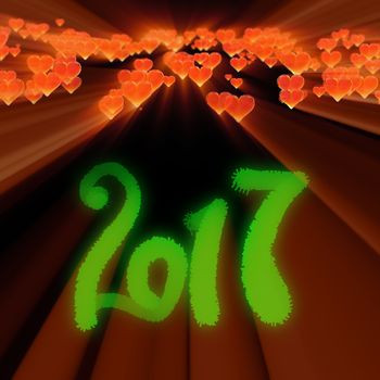 Happy new year 2017 isolated numbers written with light on dark bokeh background and red flying hearts 3d illustration.