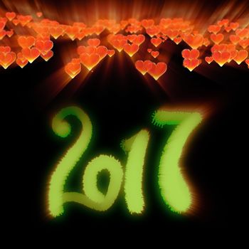 Happy new year 2017 isolated numbers written with light on dark bokeh background and red flying hearts 3d illustration.