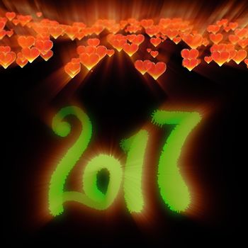 Happy new year 2017 isolated numbers written with light on dark bokeh background and red flying hearts 3d illustration.