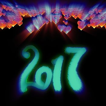 Happy new year 2017 isolated numbers written with light on dark bokeh background and red flying hearts 3d illustration.