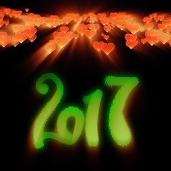 Happy new year 2017 isolated numbers written with light on dark bokeh background and red flying hearts 3d illustration.