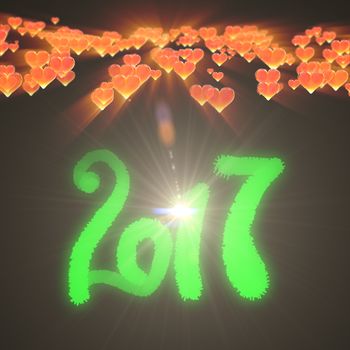 Happy new year 2017 isolated numbers written with light on dark bokeh background and red flying hearts 3d illustration.