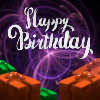 Happy Birthday lettering illustration with gift boxes ribbon wrapped on the dark bokeh background. Copyspace for your name text card.