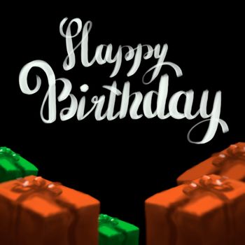 Happy Birthday lettering illustration with gift boxes ribbon wrapped on the black back background. Copyspace for your name text card.