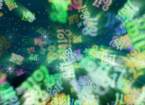 Happy new year 2017 flying digits numbers written with light on bright bokeh background. 3d illustration.