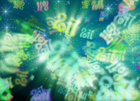 Happy new year 2017 flying digits numbers written with light on bright bokeh background. 3d illustration.