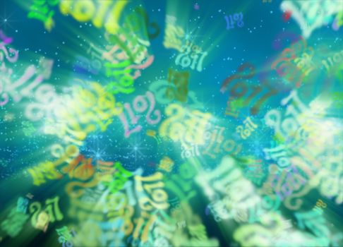 Happy new year 2017 flying digits numbers written with light on bright bokeh background. 3d illustration.