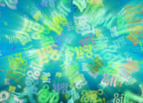 Happy new year 2017 flying digits numbers written with light on bright bokeh background. 3d illustration.