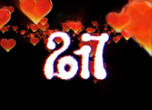 Happy new year 2017 isolated numbers written with light on dark bokeh background and red flying hearts 3d illustration.