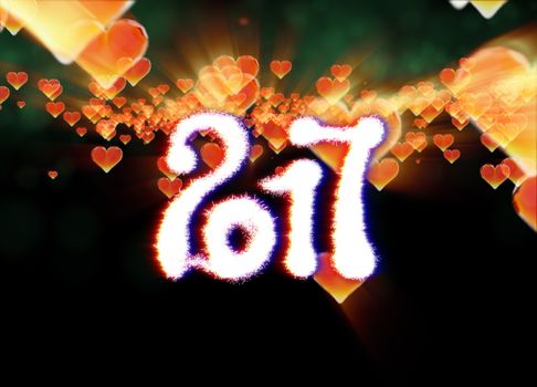 Happy new year 2017 isolated numbers written with light on dark bokeh background and red flying hearts 3d illustration.