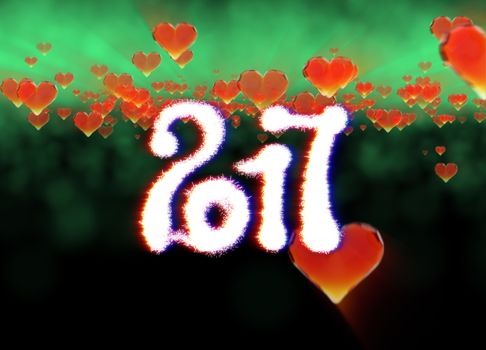 Happy new year 2017 isolated numbers written with light on dark bokeh background and red flying hearts 3d illustration.