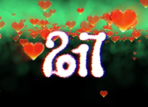 Happy new year 2017 isolated numbers written with light on dark bokeh background and red flying hearts 3d illustration.