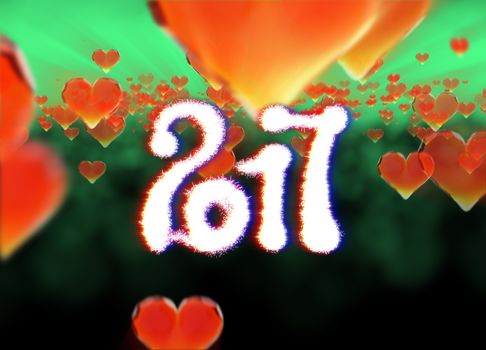 Happy new year 2017 isolated numbers written with light on dark bokeh background and red flying hearts 3d illustration.