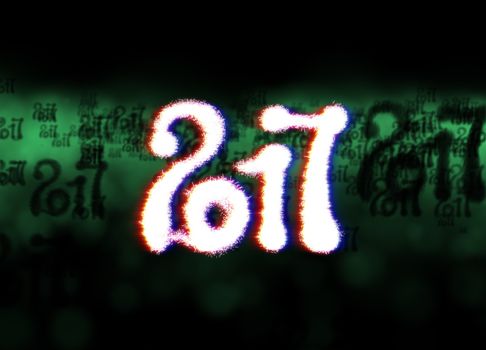 Happy new year 2017 isolated numbers written with light on bright bokeh background full of flying digits 3d illustration.