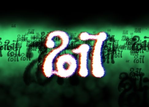 Happy new year 2017 isolated numbers written with light on bright bokeh background full of flying digits 3d illustration.