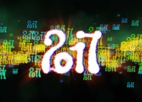 Happy new year 2017 isolated numbers written with light on bright bokeh background full of flying digits 3d illustration.