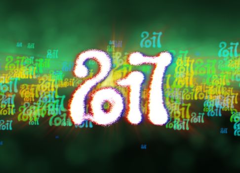 Happy new year 2017 isolated numbers written with light on bright bokeh background full of flying digits 3d illustration.