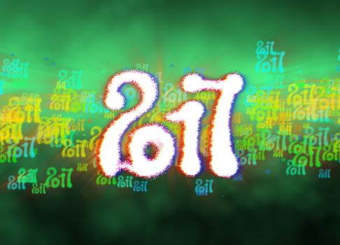 Happy new year 2017 isolated numbers written with light on bright bokeh background full of flying digits 3d illustration.