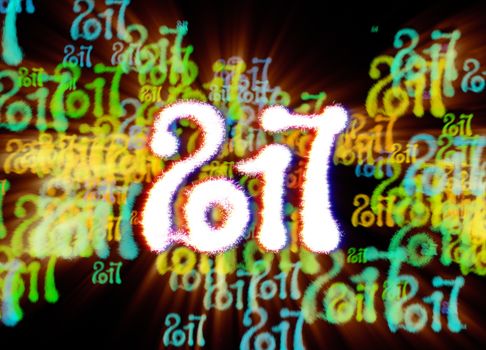 Happy new year 2017 isolated numbers written with light on bright bokeh background full of flying digits 3d illustration.