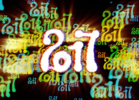 Happy new year 2017 isolated numbers written with light on bright bokeh background full of flying digits 3d illustration.