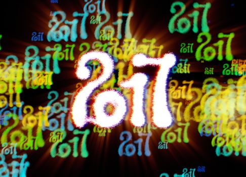 Happy new year 2017 isolated numbers written with light on bright bokeh background full of flying digits 3d illustration.