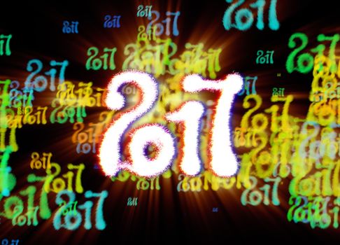 Happy new year 2017 isolated numbers written with light on bright bokeh background full of flying digits 3d illustration.