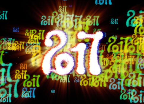 Happy new year 2017 isolated numbers written with light on bright bokeh background full of flying digits 3d illustration.