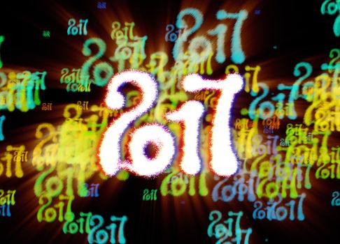 Happy new year 2017 isolated numbers written with light on bright bokeh background full of flying digits 3d illustration.