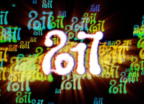 Happy new year 2017 isolated numbers written with light on bright bokeh background full of flying digits 3d illustration.