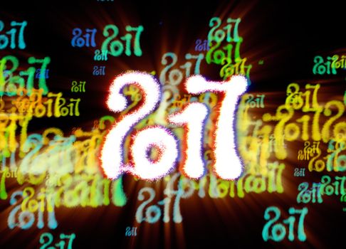 Happy new year 2017 isolated numbers written with light on bright bokeh background full of flying digits 3d illustration.