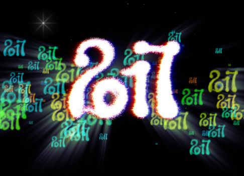 Happy new year 2017 isolated numbers written with light on bright bokeh background full of flying digits 3d illustration.