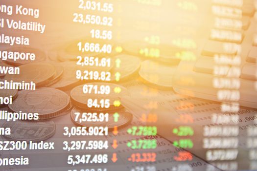 Business, finance, saving or investment background concept : Double exposure of Asia Pacific stock market index and coins, pen, calculator, saving account passbook