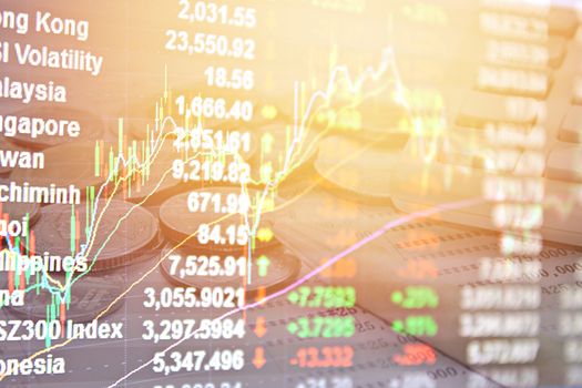 Business, finance, saving or investment background concept : Double exposure of Asia Pacific stock market index, stock exchange graph chart and coins, pen, calculator, saving account passbook