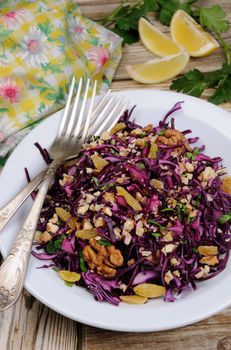 salad red coleslaw with raisins and crushed walnut