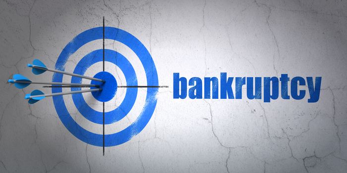Success banking concept: arrows hitting the center of target, Blue Bankruptcy on wall background, 3D rendering