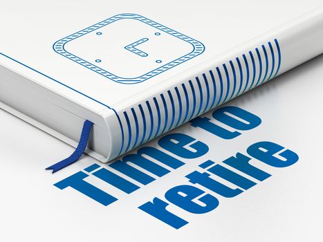 Timeline concept: closed book with Blue Watch icon and text Time To Retire on floor, white background, 3D rendering