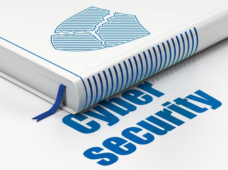 Safety concept: closed book with Blue Broken Shield icon and text Cyber Security on floor, white background, 3D rendering