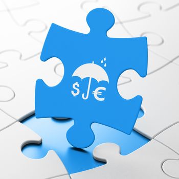 Safety concept: Money And Umbrella on Blue puzzle pieces background, 3D rendering