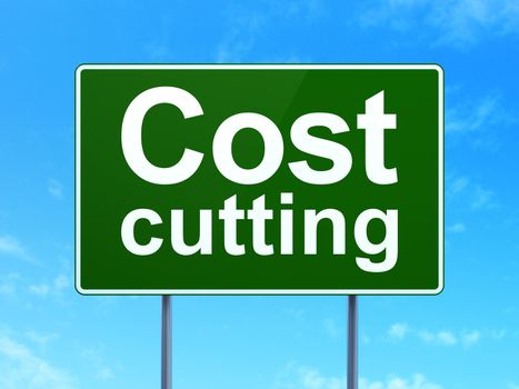 Business concept: Cost Cutting on green road highway sign, clear blue sky background, 3D rendering
