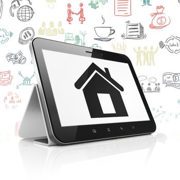 Business concept: Tablet Computer with  black Home icon on display,  Hand Drawn Business Icons background, 3D rendering